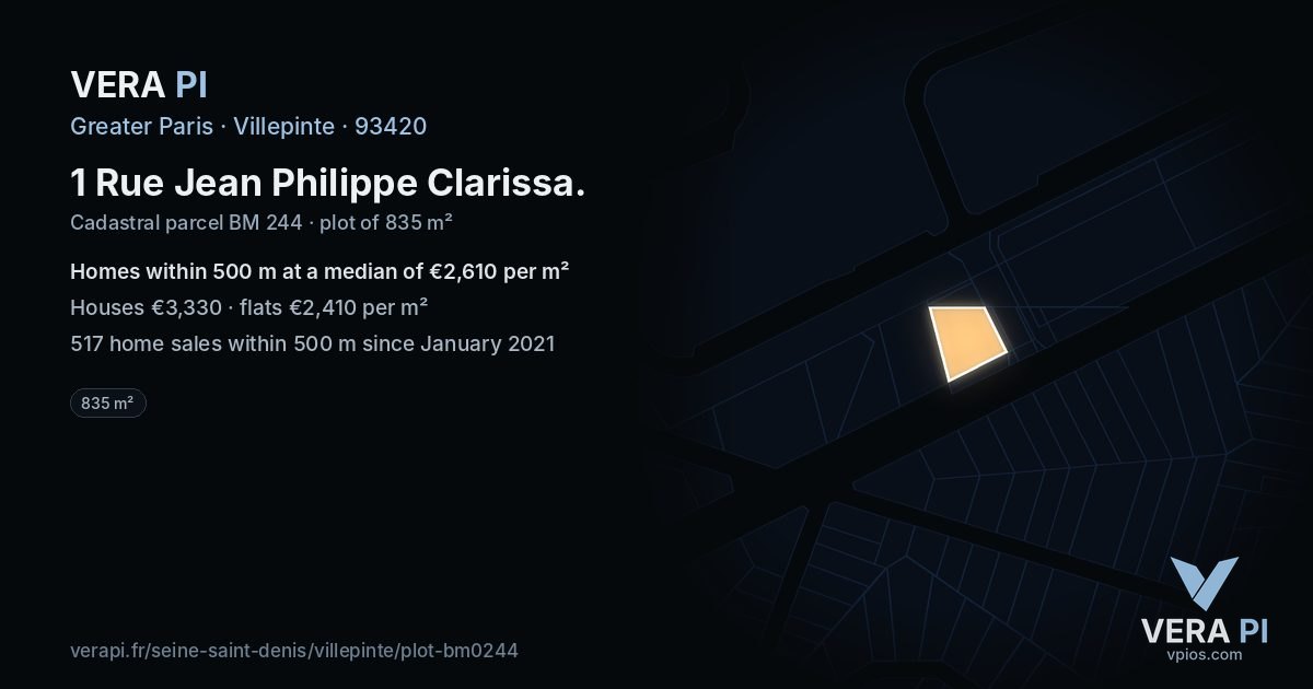 1 Rue Jean Philippe Clarissa, Villepinte at night – the plot lit, the parcels around coloured by the prices near them