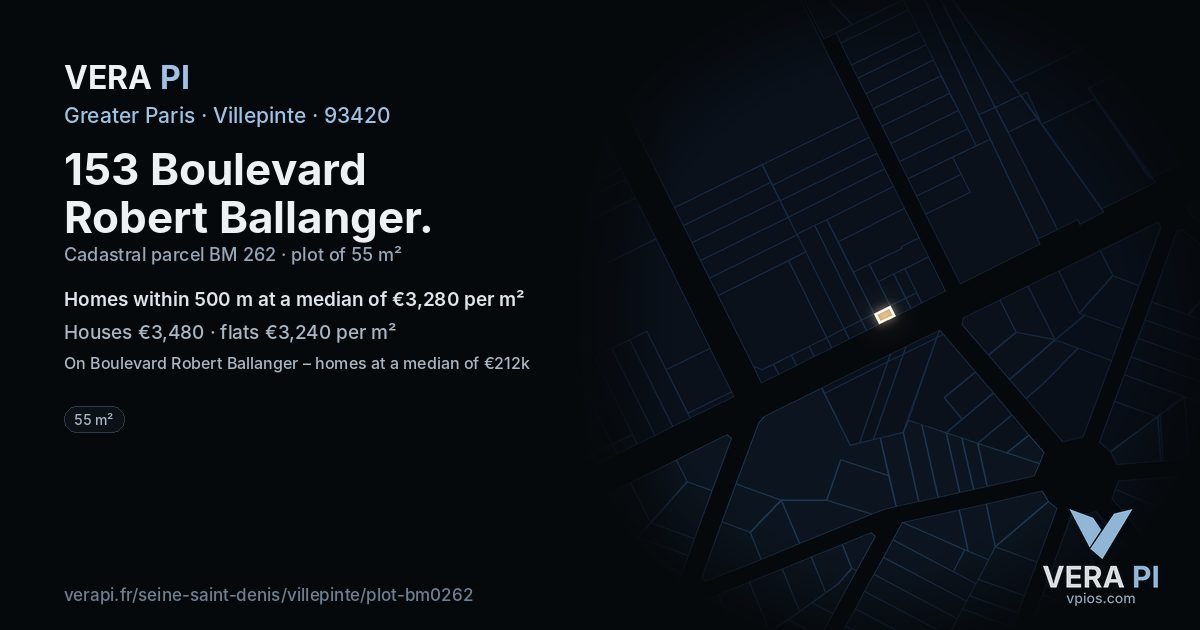 153 Boulevard Robert Ballanger, Villepinte at night – the plot lit, the parcels around coloured by the prices near them