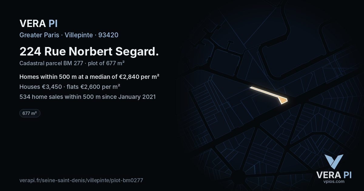 224 Rue Norbert Segard, Villepinte at night – the plot lit, the parcels around coloured by the prices near them