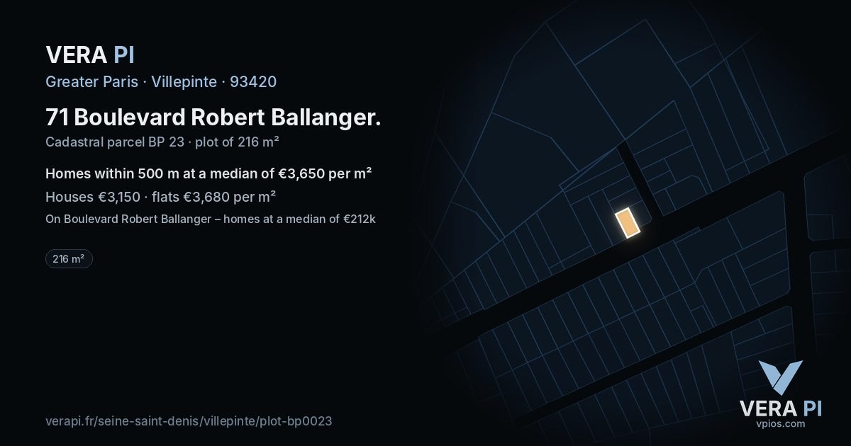 71 Boulevard Robert Ballanger, Villepinte at night – the plot lit, the parcels around coloured by the prices near them