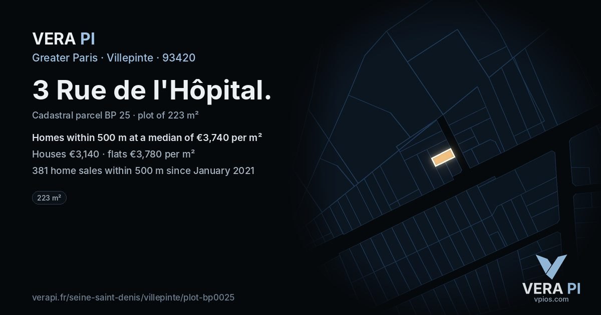 3 Rue de l'Hôpital, Villepinte at night – the plot lit, the parcels around coloured by the prices near them