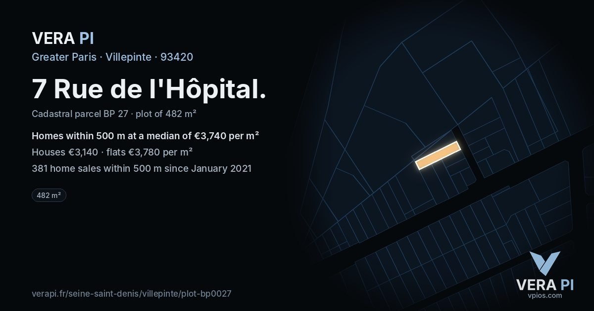 7 Rue de l'Hôpital, Villepinte at night – the plot lit, the parcels around coloured by the prices near them