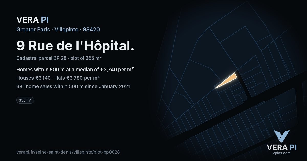 9 Rue de l'Hôpital, Villepinte at night – the plot lit, the parcels around coloured by the prices near them