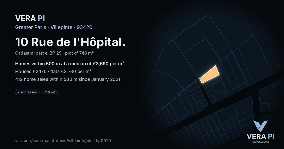 10 Rue de l'Hôpital, Villepinte at night – the plot lit, the parcels around coloured by the prices near them