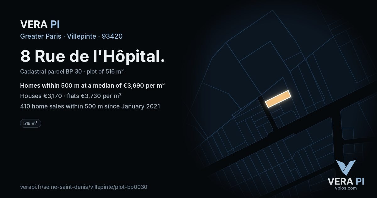 8 Rue de l'Hôpital, Villepinte at night – the plot lit, the parcels around coloured by the prices near them