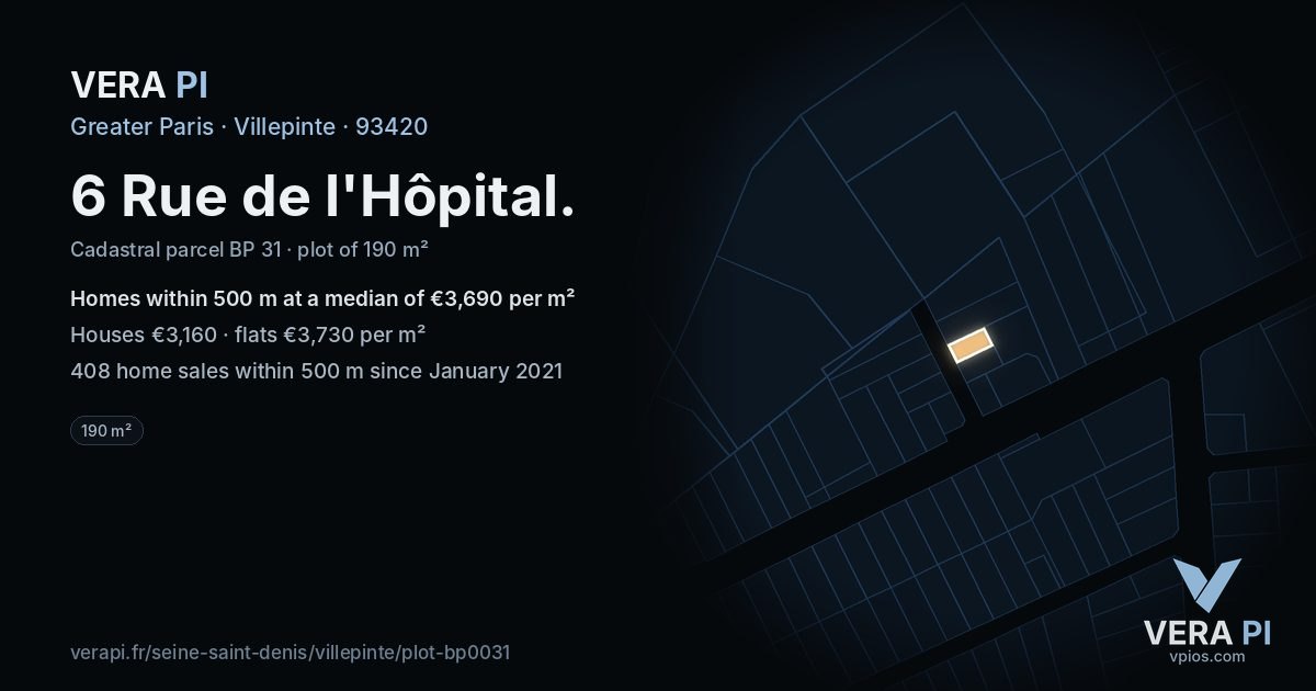 6 Rue de l'Hôpital, Villepinte at night – the plot lit, the parcels around coloured by the prices near them