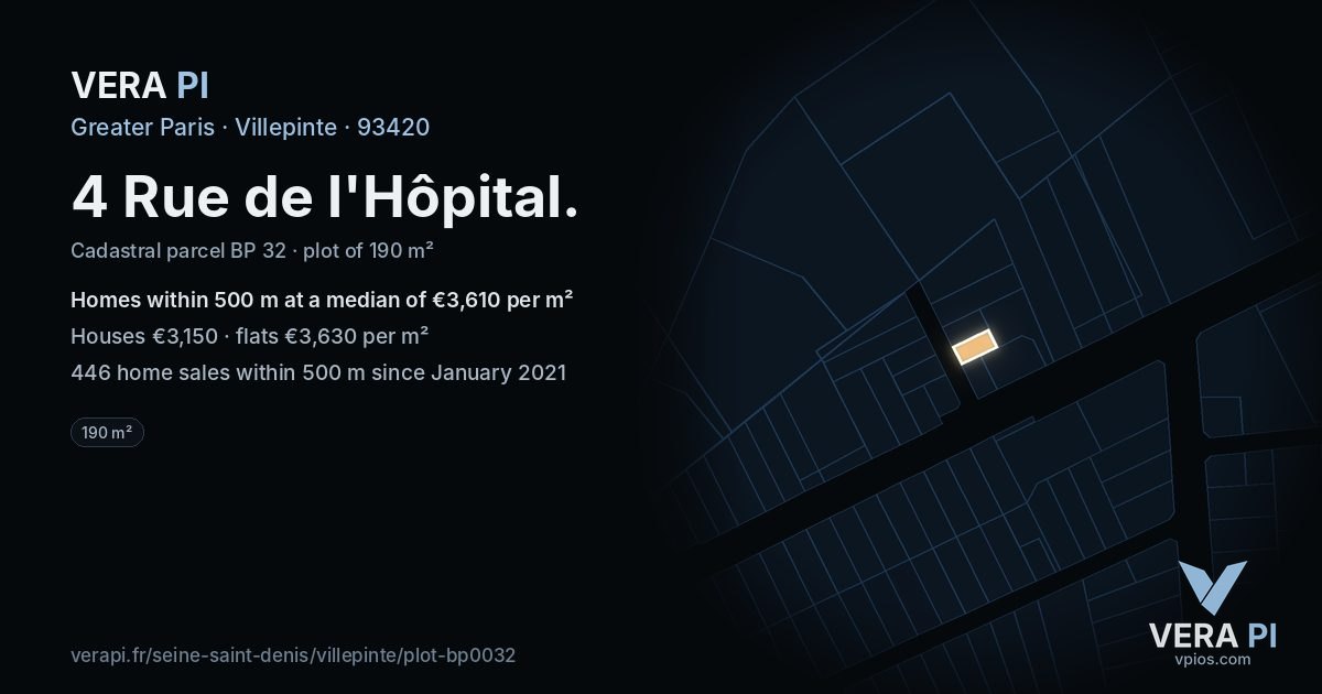4 Rue de l'Hôpital, Villepinte at night – the plot lit, the parcels around coloured by the prices near them