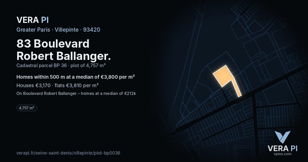 83 Boulevard Robert Ballanger, Villepinte at night – the plot lit, the parcels around coloured by the prices near them