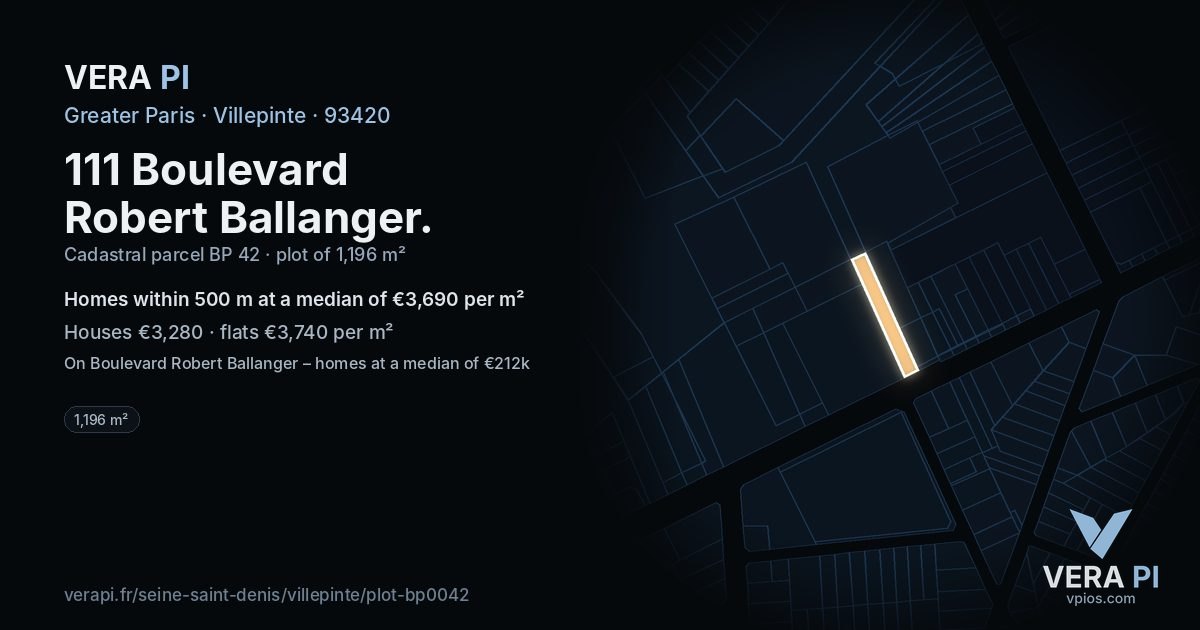 111 Boulevard Robert Ballanger, Villepinte at night – the plot lit, the parcels around coloured by the prices near them