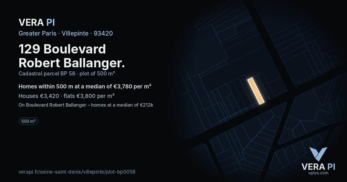 129 Boulevard Robert Ballanger, Villepinte at night – the plot lit, the parcels around coloured by the prices near them