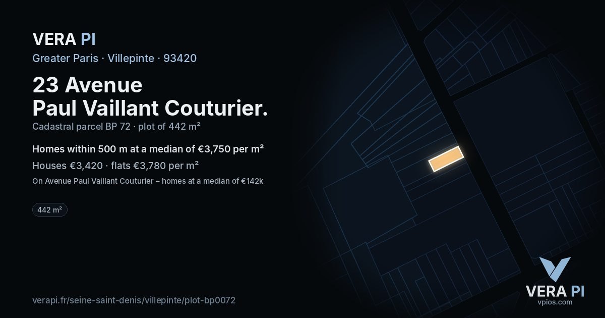 23 Avenue Paul Vaillant Couturier, Villepinte at night – the plot lit, the parcels around coloured by the prices near them
