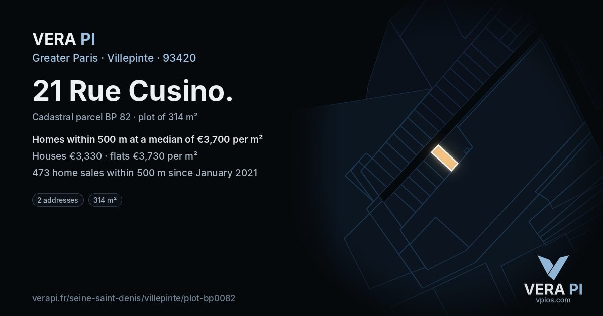 21 Rue Cusino, Villepinte at night – the plot lit, the parcels around coloured by the prices near them