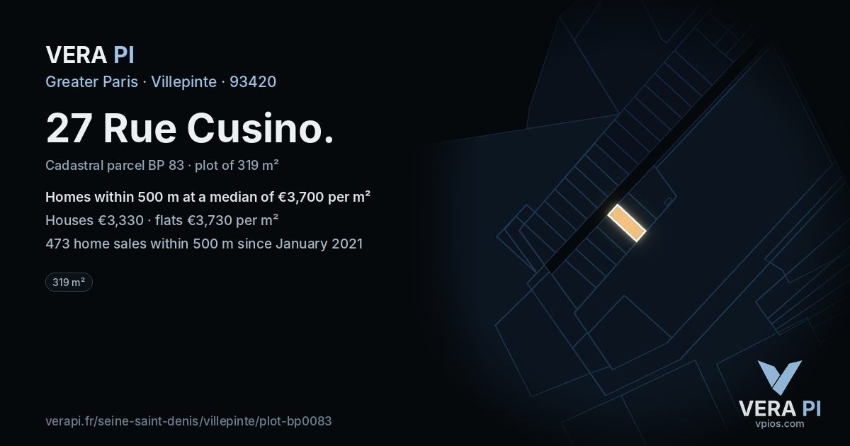 27 Rue Cusino, Villepinte at night – the plot lit, the parcels around coloured by the prices near them