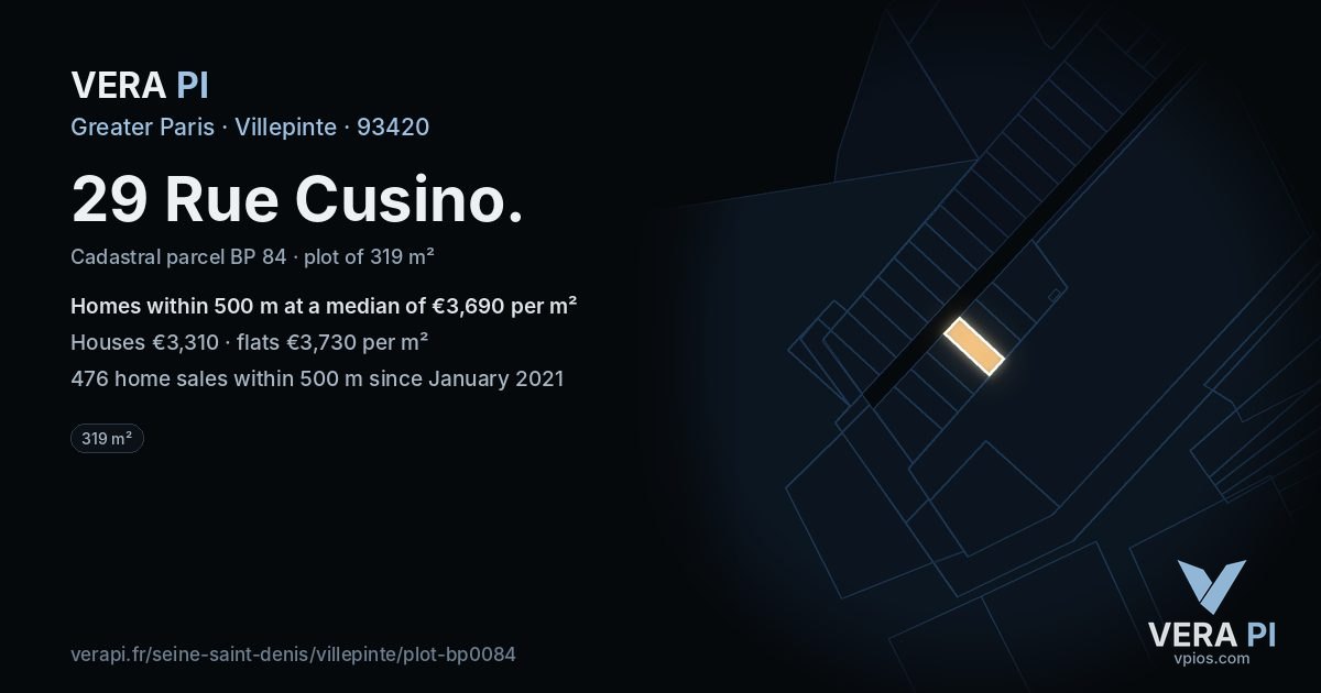 29 Rue Cusino, Villepinte at night – the plot lit, the parcels around coloured by the prices near them