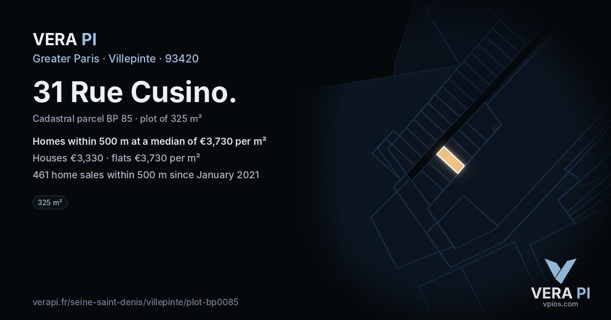 31 Rue Cusino, Villepinte at night – the plot lit, the parcels around coloured by the prices near them