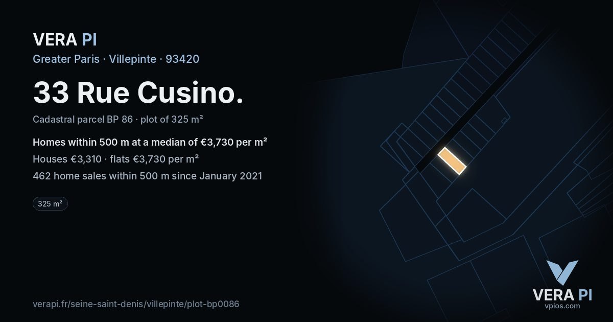 33 Rue Cusino, Villepinte at night – the plot lit, the parcels around coloured by the prices near them