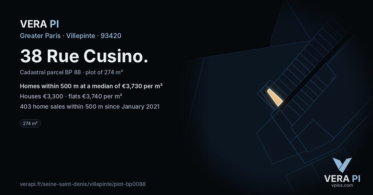 38 Rue Cusino, Villepinte at night – the plot lit, the parcels around coloured by the prices near them