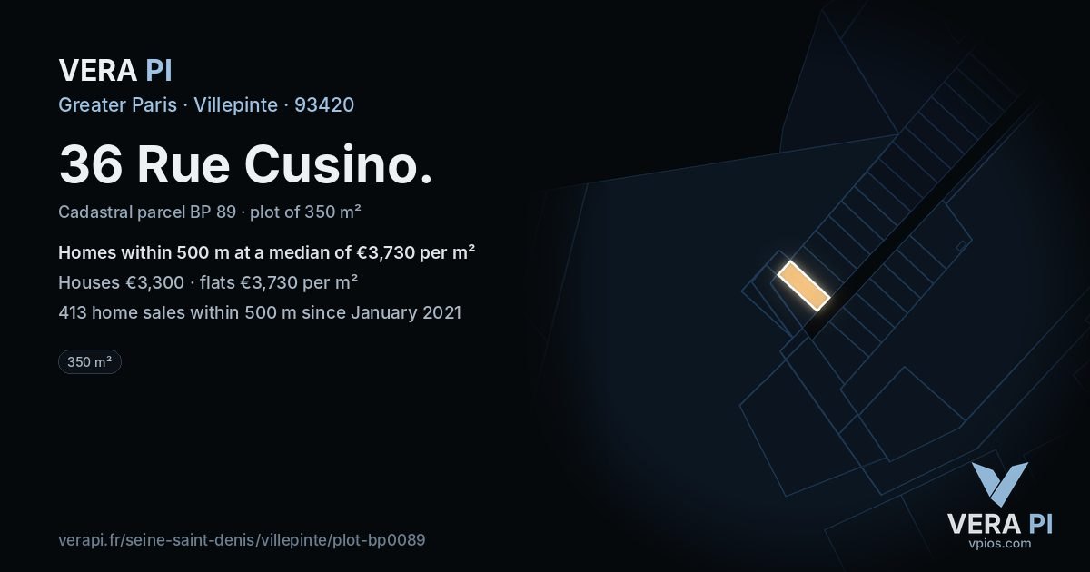 36 Rue Cusino, Villepinte at night – the plot lit, the parcels around coloured by the prices near them