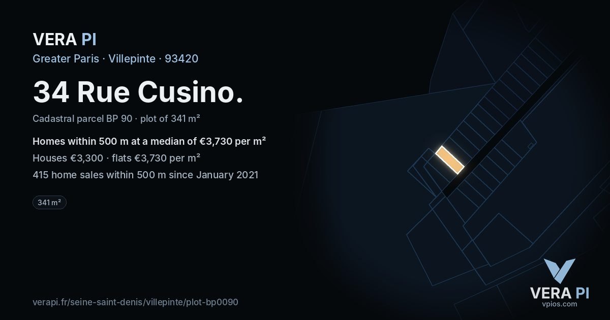 34 Rue Cusino, Villepinte at night – the plot lit, the parcels around coloured by the prices near them