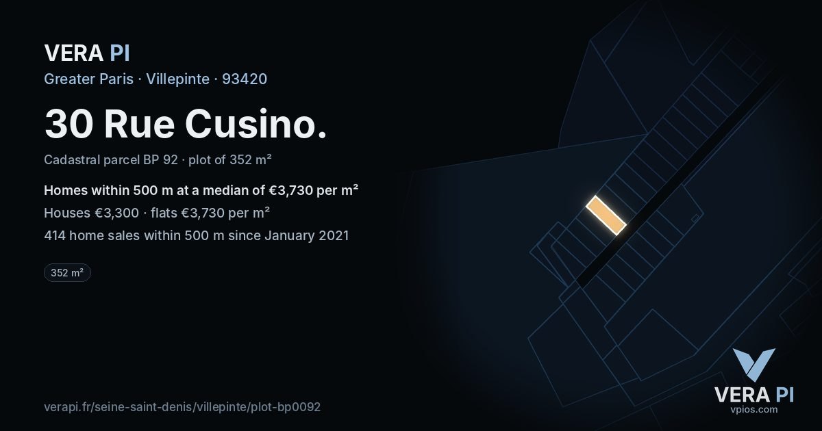 30 Rue Cusino, Villepinte at night – the plot lit, the parcels around coloured by the prices near them