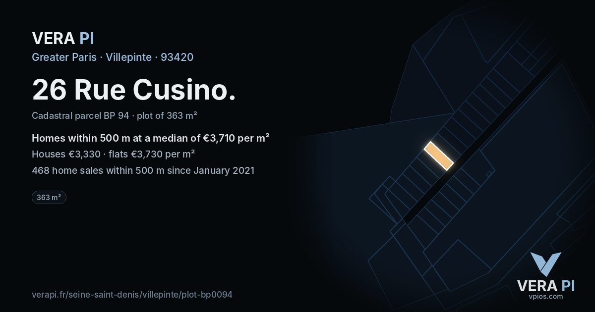 26 Rue Cusino, Villepinte at night – the plot lit, the parcels around coloured by the prices near them