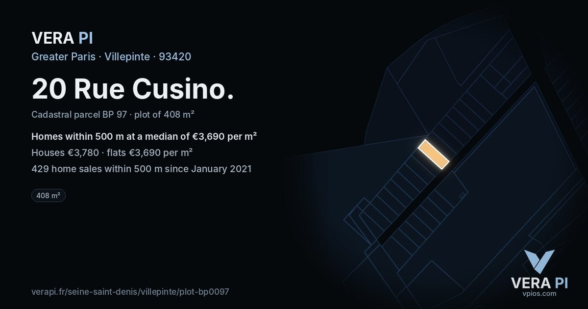 20 Rue Cusino, Villepinte at night – the plot lit, the parcels around coloured by the prices near them