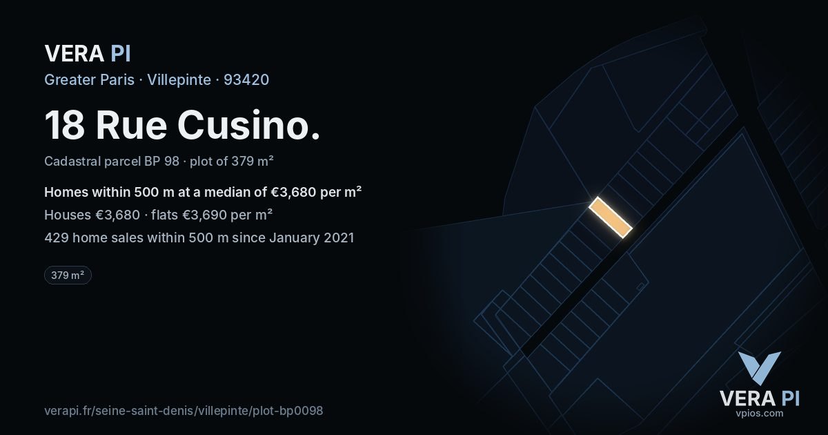 18 Rue Cusino, Villepinte at night – the plot lit, the parcels around coloured by the prices near them