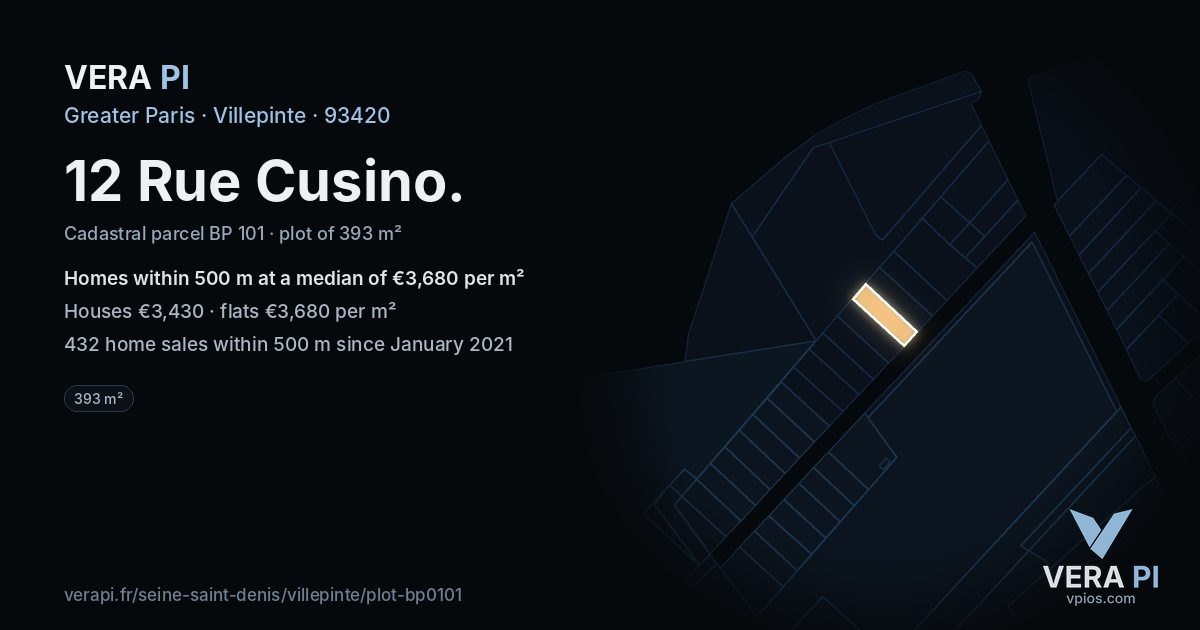 12 Rue Cusino, Villepinte at night – the plot lit, the parcels around coloured by the prices near them