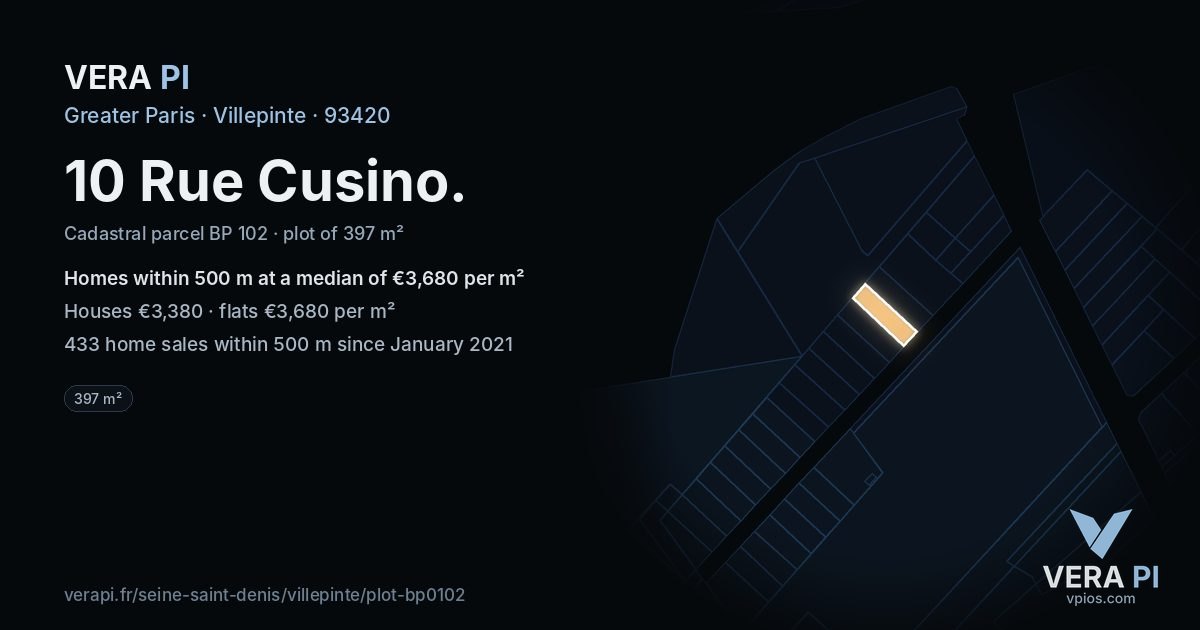 10 Rue Cusino, Villepinte at night – the plot lit, the parcels around coloured by the prices near them