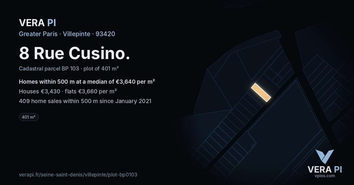 8 Rue Cusino, Villepinte at night – the plot lit, the parcels around coloured by the prices near them