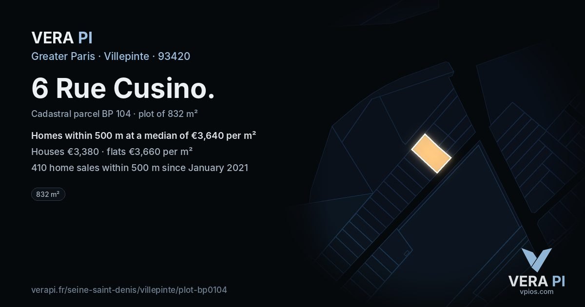 6 Rue Cusino, Villepinte at night – the plot lit, the parcels around coloured by the prices near them
