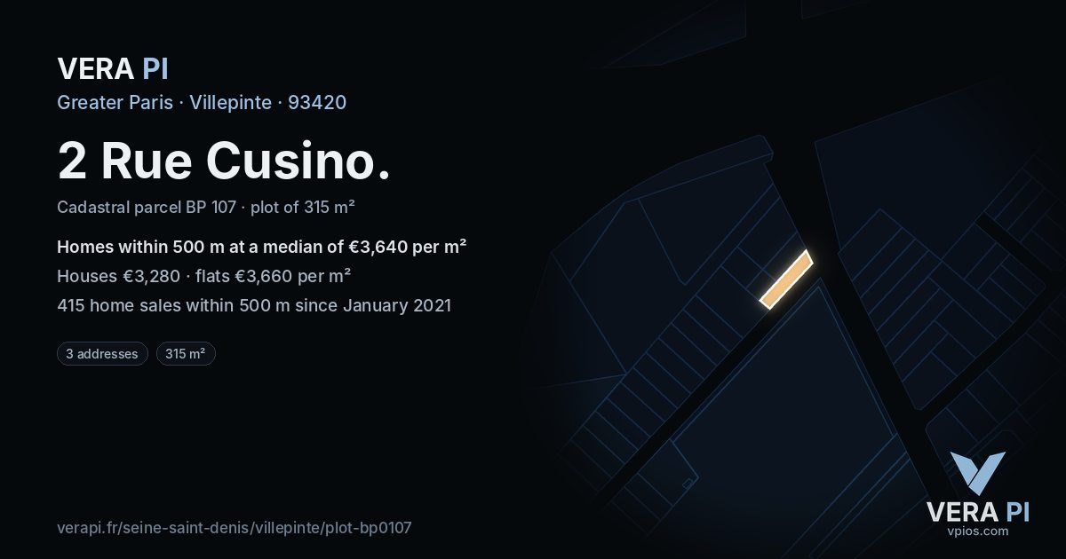 2 Rue Cusino, Villepinte at night – the plot lit, the parcels around coloured by the prices near them