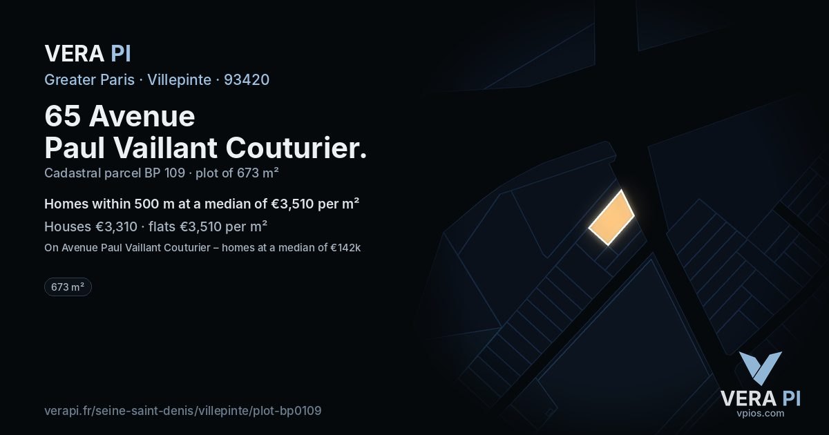 65 Avenue Paul Vaillant Couturier, Villepinte at night – the plot lit, the parcels around coloured by the prices near them