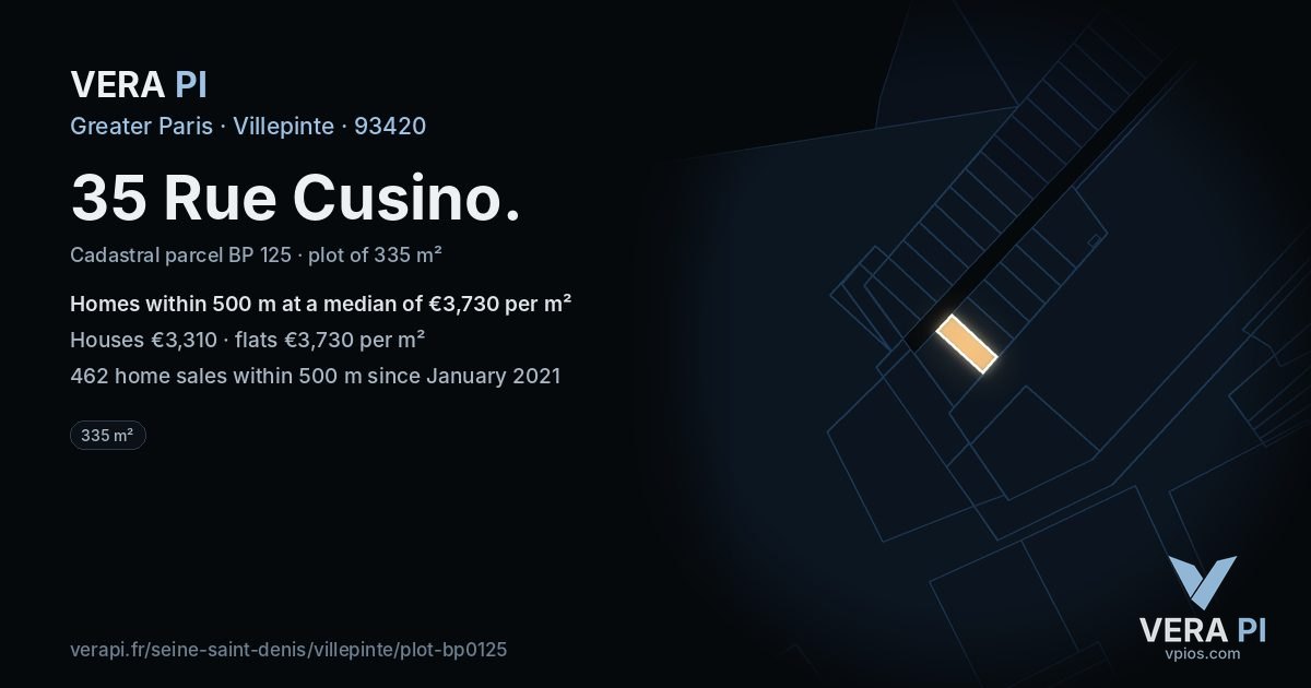 35 Rue Cusino, Villepinte at night – the plot lit, the parcels around coloured by the prices near them