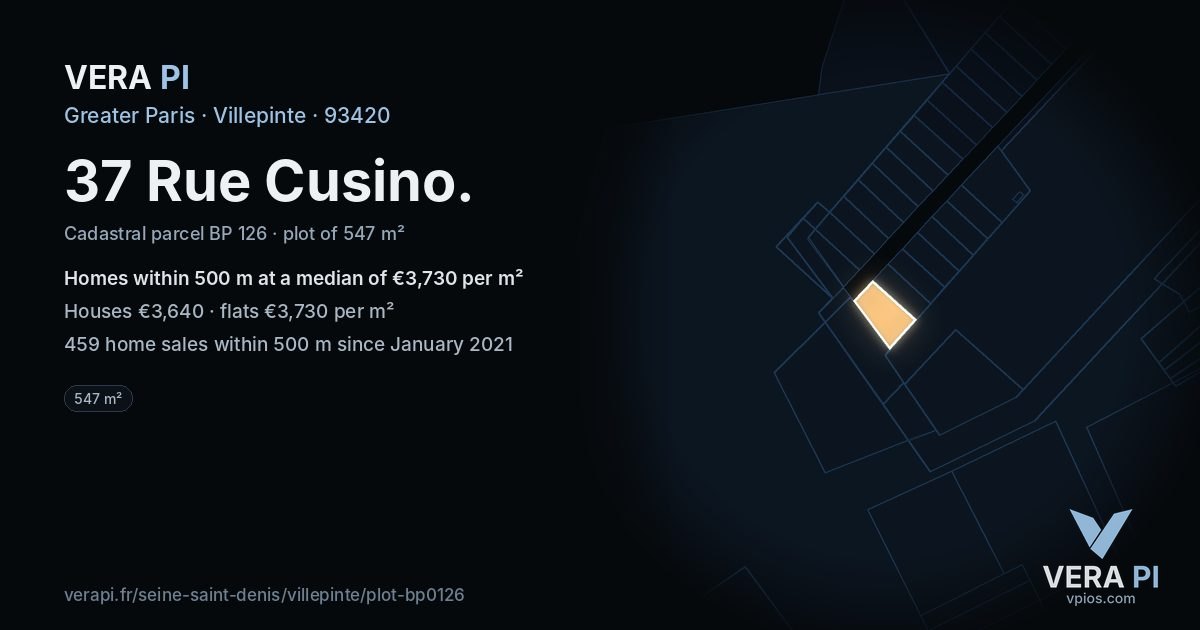 37 Rue Cusino, Villepinte at night – the plot lit, the parcels around coloured by the prices near them