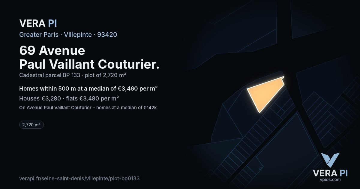69 Avenue Paul Vaillant Couturier, Villepinte at night – the plot lit, the parcels around coloured by the prices near them