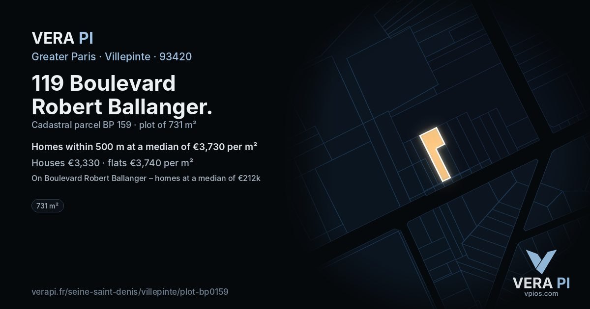 119 Boulevard Robert Ballanger, Villepinte at night – the plot lit, the parcels around coloured by the prices near them