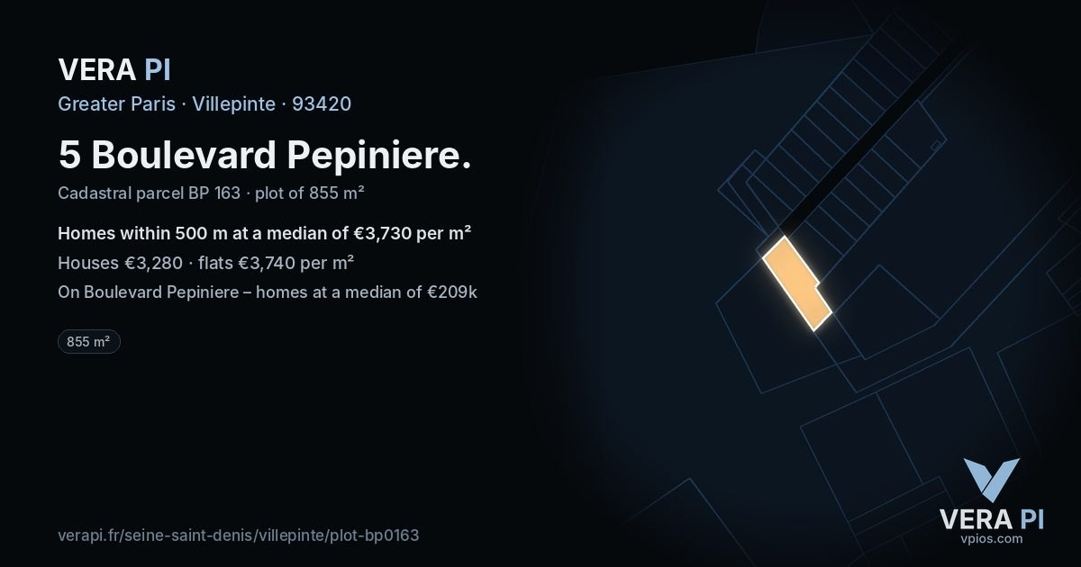 5 Boulevard Pepiniere, Villepinte at night – the plot lit, the parcels around coloured by the prices near them