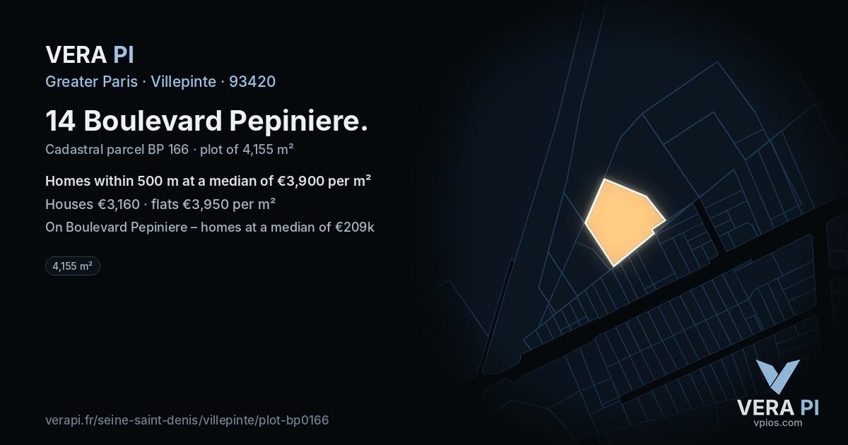 14 Boulevard Pepiniere, Villepinte at night – the plot lit, the parcels around coloured by the prices near them
