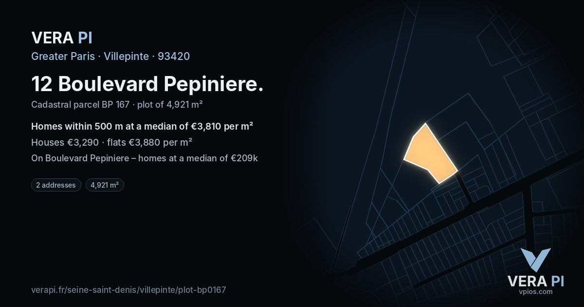 12 Boulevard Pepiniere, Villepinte at night – the plot lit, the parcels around coloured by the prices near them