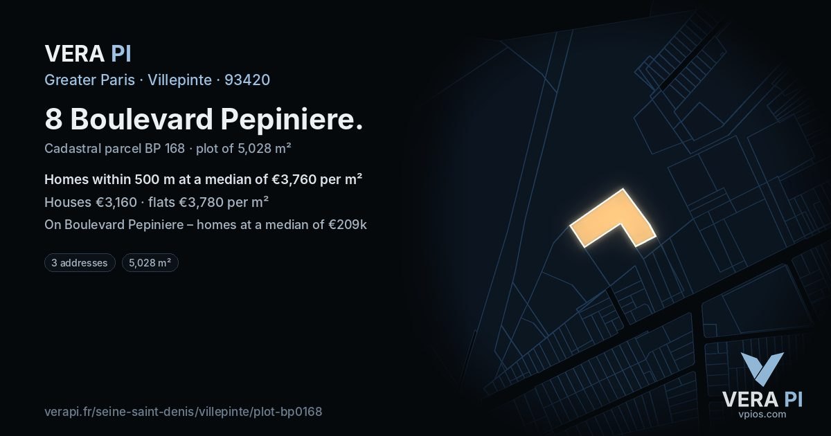 8 Boulevard Pepiniere, Villepinte at night – the plot lit, the parcels around coloured by the prices near them