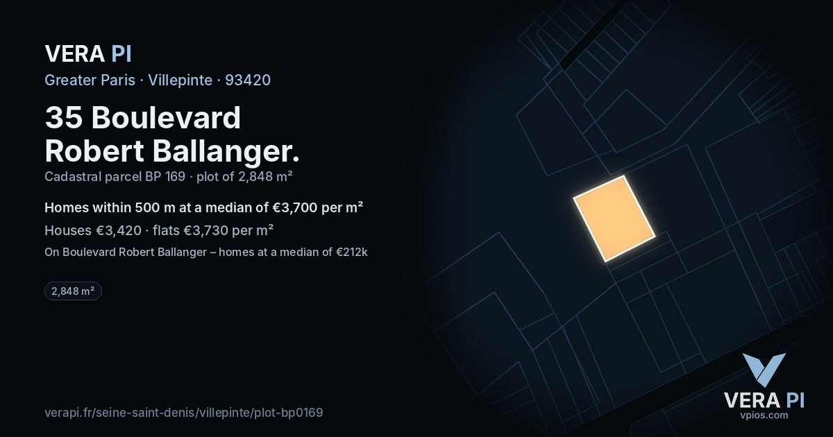 35 Boulevard Robert Ballanger, Villepinte at night – the plot lit, the parcels around coloured by the prices near them