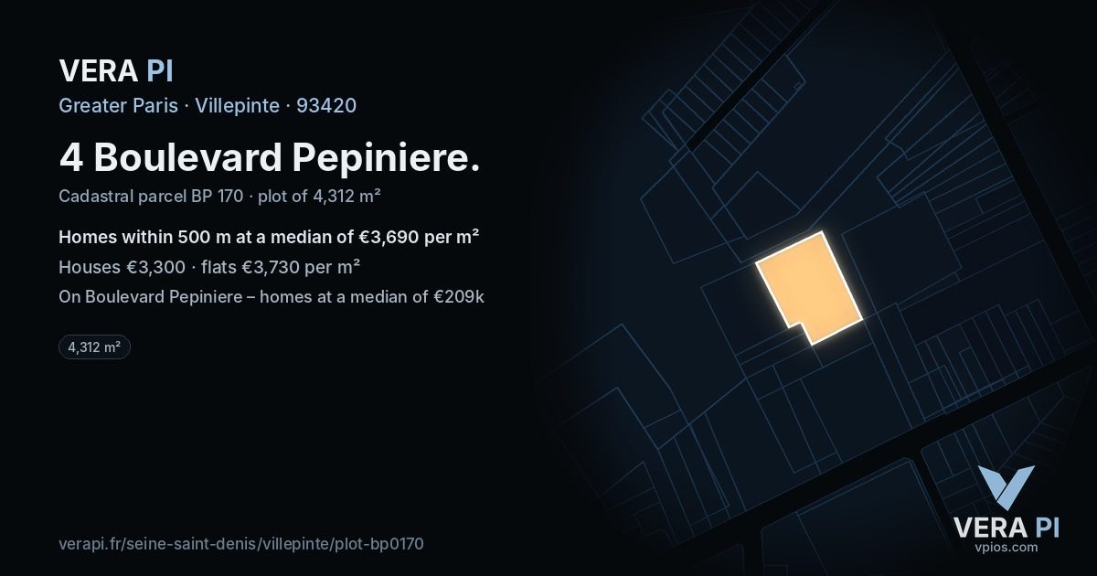 4 Boulevard Pepiniere, Villepinte at night – the plot lit, the parcels around coloured by the prices near them
