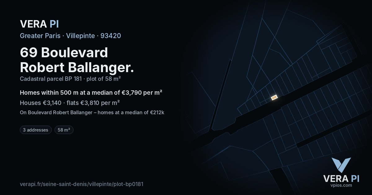 69 Boulevard Robert Ballanger, Villepinte at night – the plot lit, the parcels around coloured by the prices near them