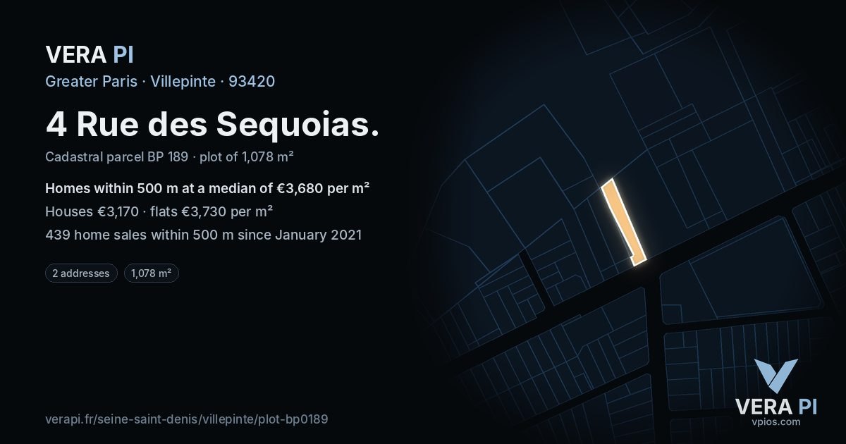 4 Rue des Sequoias, Villepinte at night – the plot lit, the parcels around coloured by the prices near them