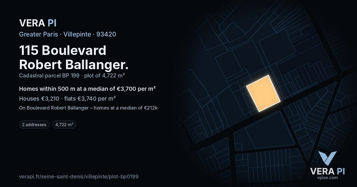 115 Boulevard Robert Ballanger, Villepinte at night – the plot lit, the parcels around coloured by the prices near them