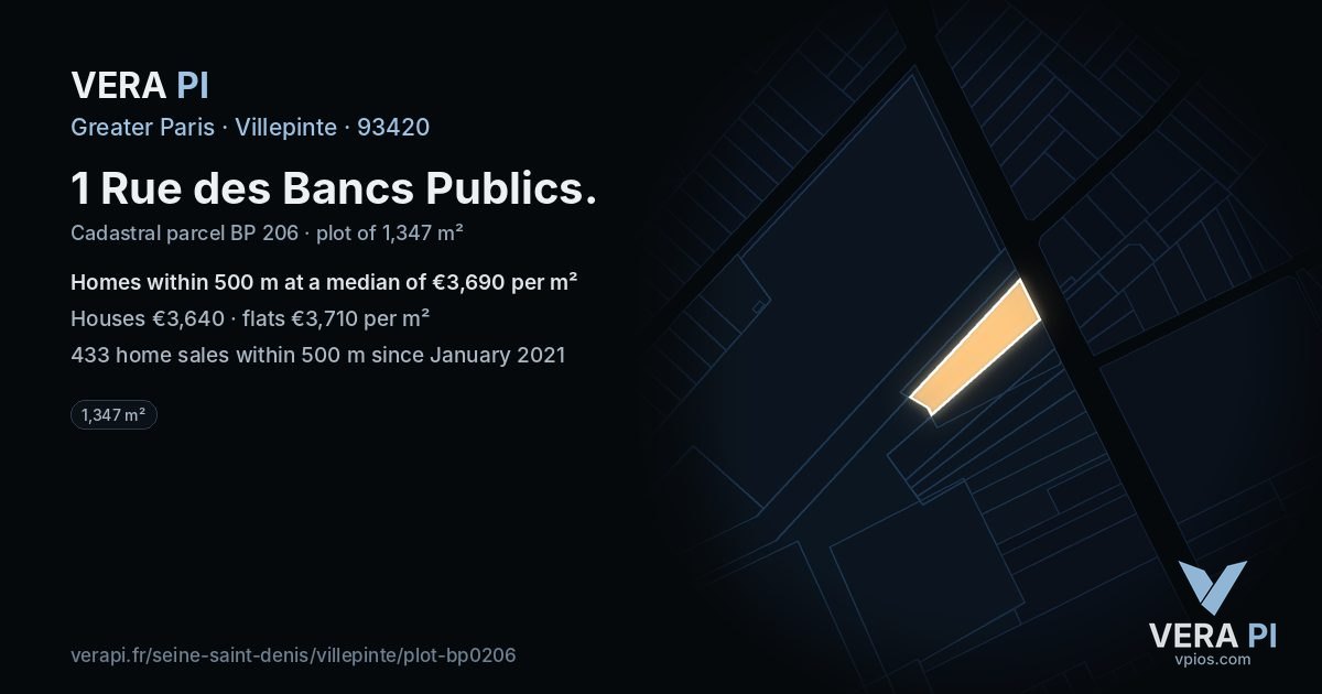 1 Rue des Bancs Publics, Villepinte at night – the plot lit, the parcels around coloured by the prices near them