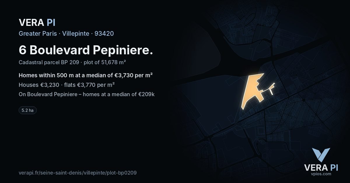 6 Boulevard Pepiniere, Villepinte at night – the plot lit, the parcels around coloured by the prices near them