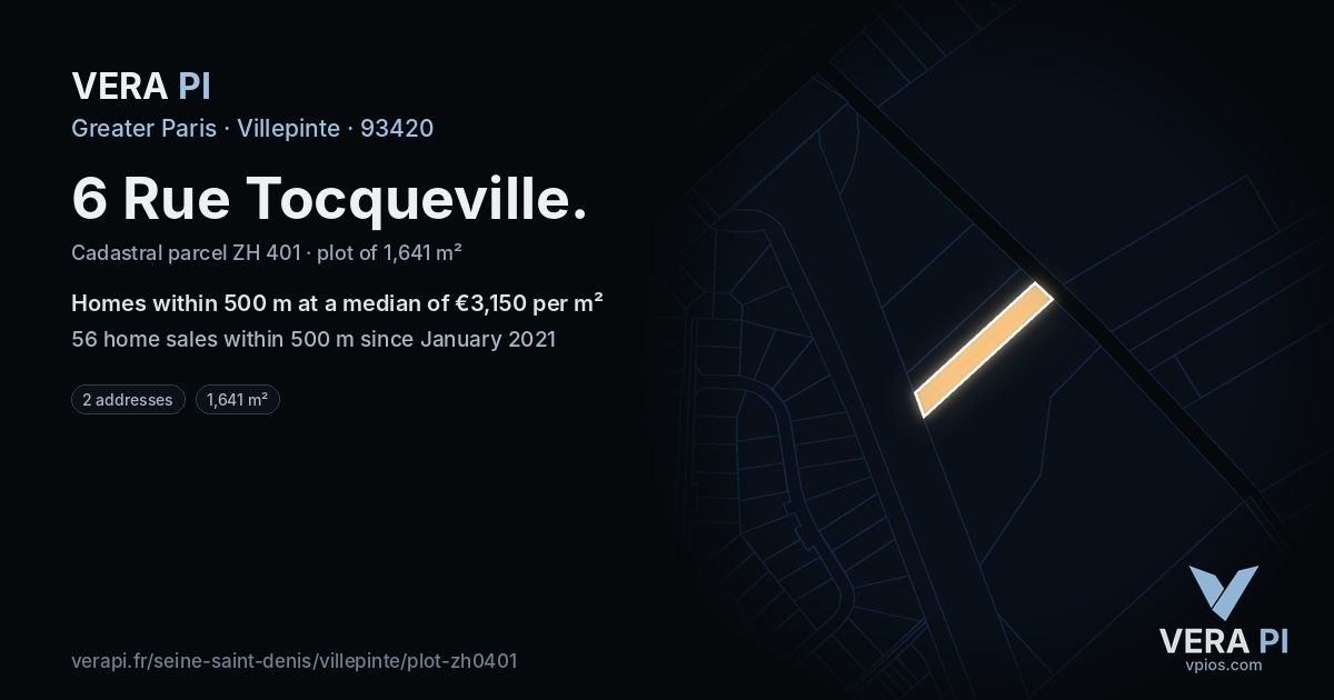 6 Rue Tocqueville, Villepinte at night – the plot lit, the parcels around coloured by the prices near them
