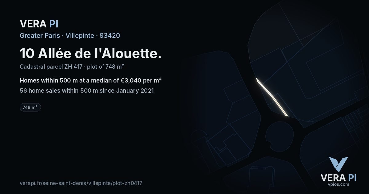 10 Allée de l'Alouette, Villepinte at night – the plot lit, the parcels around coloured by the prices near them